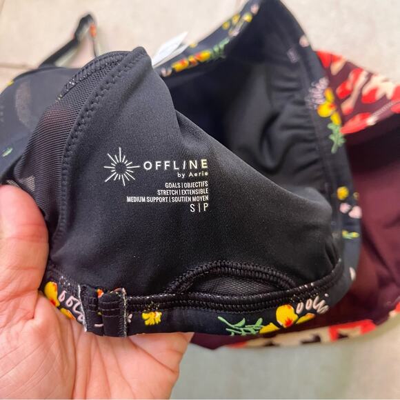 NWT Aerie Offline Goals Plunge Sports Bra 2 Pack Maroon Black Floral Small Mesh - Picture 15 of 16